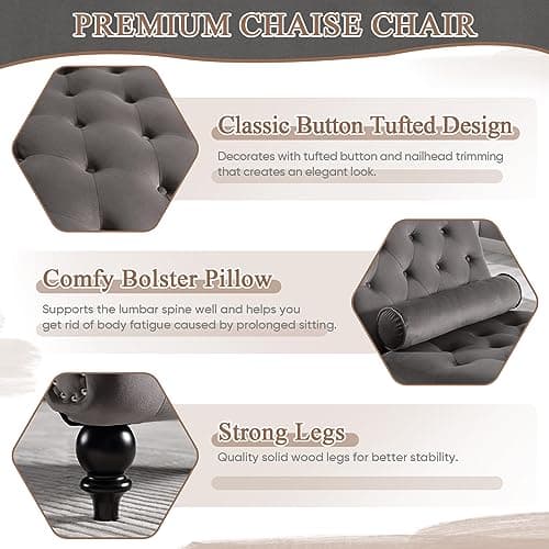 Modern Velvet Chaise Lounge Chair for Living Room or Bedroom - Grey