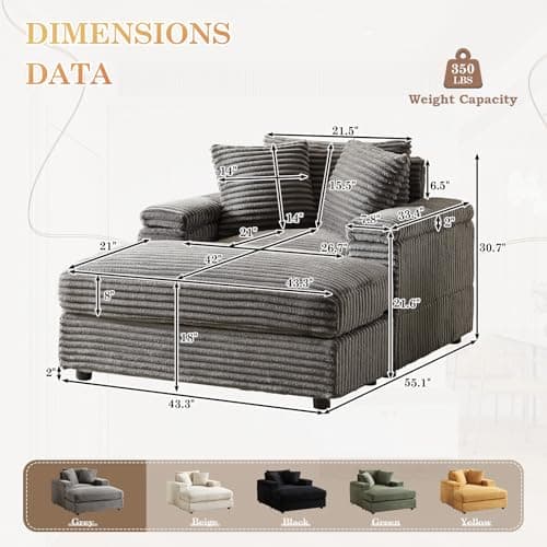 Oversized Chaise Lounge Chair with Ottoman, Corduroy Upholstered Sofa for Living Room, Bedroom, Office