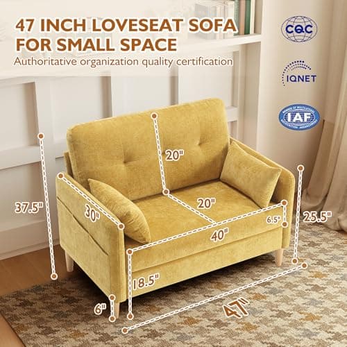47" Soft Chenille Love Seat Sofa, Tool-Free Setup, All Wood, Yellow