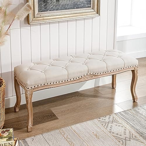 French Vintage Tufted Bench, Beige Distressed Wood Legs, Living Room, Foyer, Dining Room