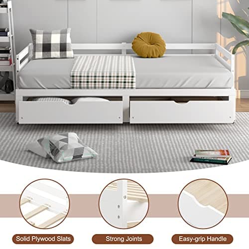 Modern Twin to King Daybed with Trundle, 2 Drawers, Pull Out Bed - White