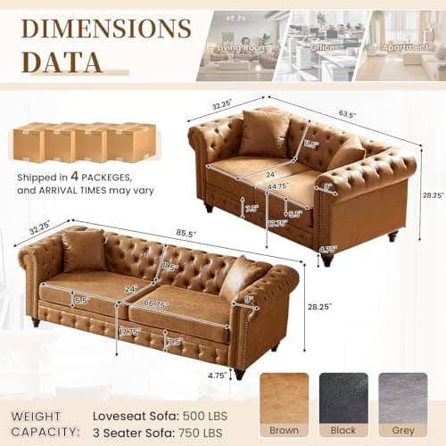 Mid Century Modern Button Tufted Loveseat & 3 Seater Brown Couch Set