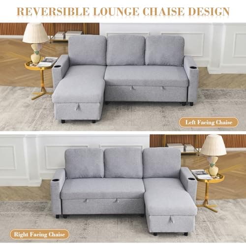 Linen L Shape Couch Sofa with Storage Chaise&Sleeper Pull Out Bed