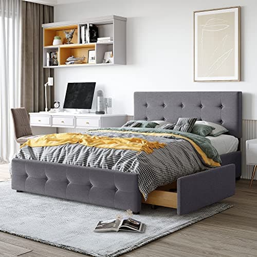 Upholstered Daybed with Trundle, Drawers, and Wood Slat Support Frame - Grey