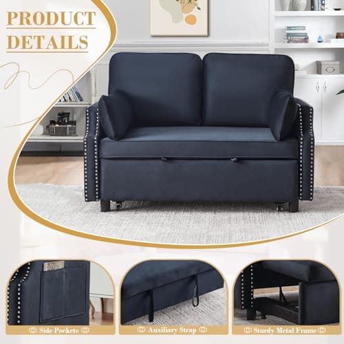 Convertible Sleeper Sofa Bed with Velvet Upholstery & Side Pocket.