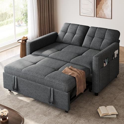 YITAHOME 55" Convertible Sofa Bed, Beige Reclining Sleeper with Side Pocket