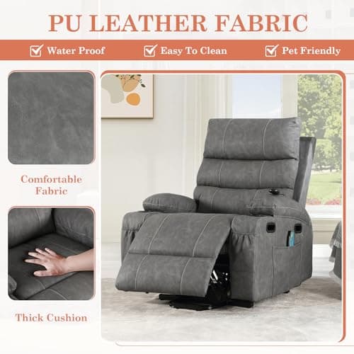 Electric Power Lift Recliner Chair for Elderly with Massage & Heat, PU Leather, Grey