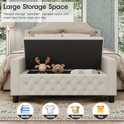 Maupvit 55" Linen Upholstered Storage Bench with Arms & 2 Pillows, Beige