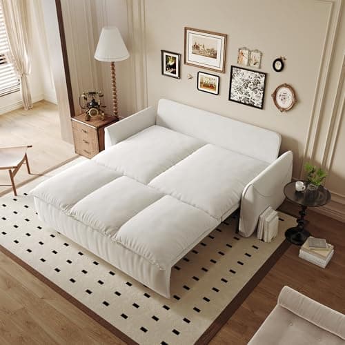 GNIXUU 66" Queen Pull-Out Sofa Bed, Beige Velvet Sleeper Couch with Side Storage