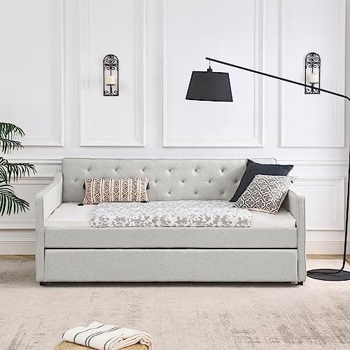 Modern Upholstered Daybed with Trundle for Twin Size, Beige Color