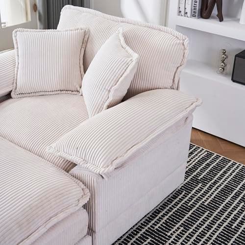 Oversized Cream White Corduroy Chaise Lounge Chair & Ottomans