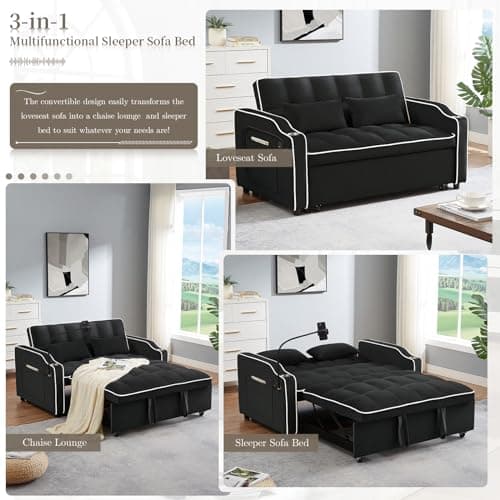 JEEOEHY 3-in-1 Convertible Velvet Sleeper Sofa Bed with USB Port, Adjustable Backrest, Phone Stand, and Cup Holder for Small Spaces (Black)