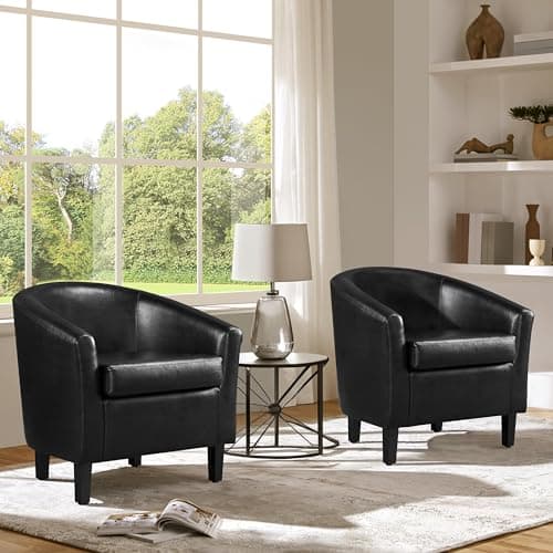 Yaheetech Black Faux Leather Barrel Chair Set, Soft PaddedLiving Room Accent Chairs
