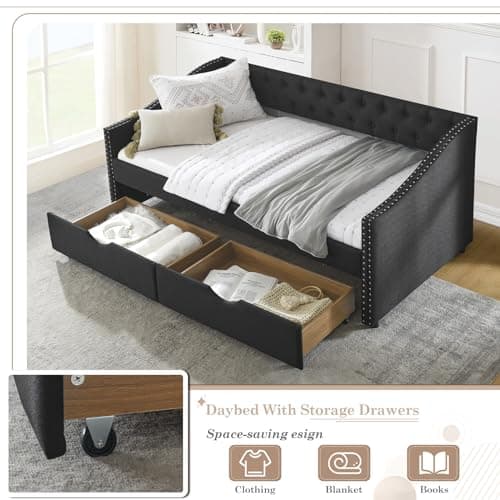 JEEOHEY Twin Daybed with Storage - Modern Upholstered Daybed Sofa with Nailhead Trim and 2 Drawers (Black)