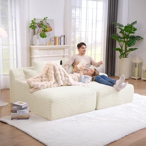 Eafurn Corduroy Upholstered Chaise Lounge Sofa with Ottoman & Cupholders