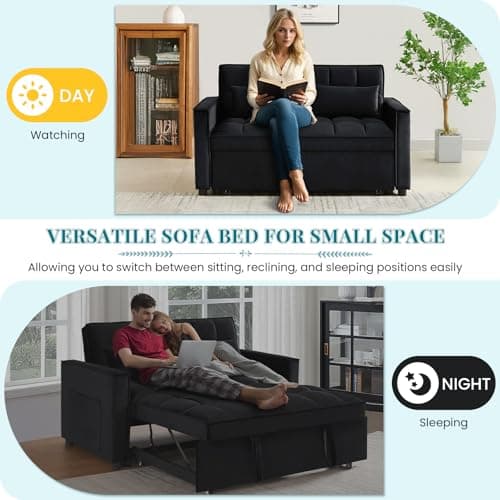 Antetek Modern Velvet 3-in-1 Sleeper Sofa Bed, Reclining Lounge Living Room Furniture, Black