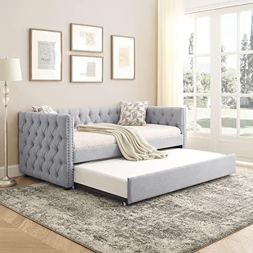 Modern Upholstered Daybed with Trundle for Teens - Light Grey
