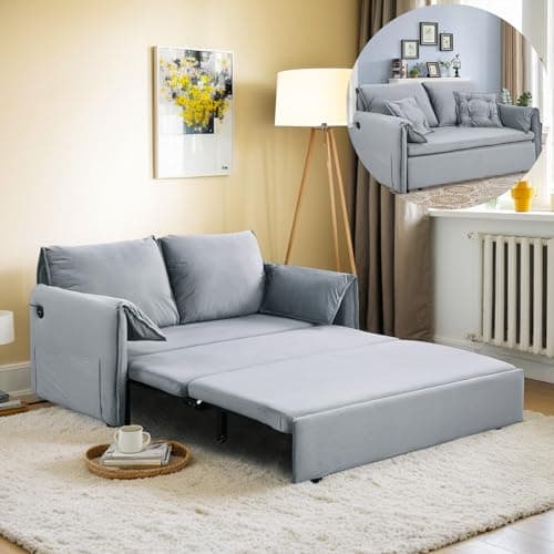 3-in-1 Queen Size Futon Sofa Bed with USB, Side Storage, Grey