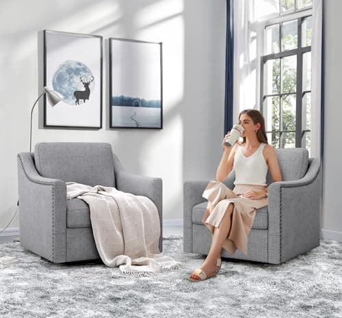 Set of 2 Swivel Barrel Chairs with Nailhead Trim for Nursery, Living Room, Bedroom, Office