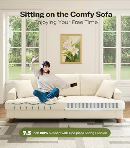 Kidirect Beige White 87in Extra Deep Living Room Sofa, Comfy Corduroy with 2 Pillows