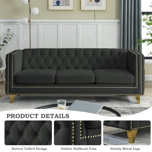 JEEOHEY Chesterfield Velvet 2/3 Seater Sofa, Modern Button Nailhead Furniture