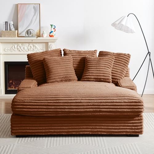 Eafurn Corduroy Upholstered Chaise Lounge Sofa with Ottoman & Cupholders