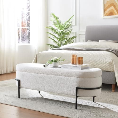 Sherpa Storage Bench, 52 Inch Oval Ottoman with White Upholstery and Metal Stand