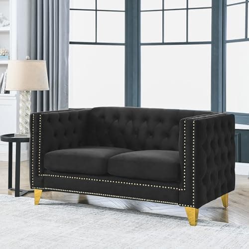 Modern Velvet Chesterfield Sofa with Button Nailhead - Black