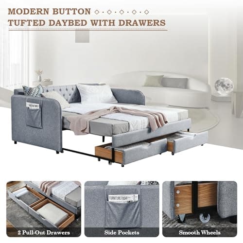 Twin Size Day Bed with Trundle and Storage Drawers in Grey