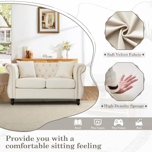 JEEOHEY Chesterfield Button Tufted Velvet 2 Seater Sofa, Mid Century Modern Beige