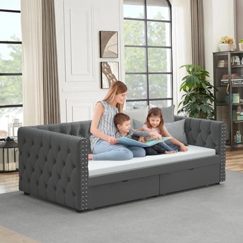 Modern Velvet Twin Size Daybed with Storage Drawers and Nailhead Trim