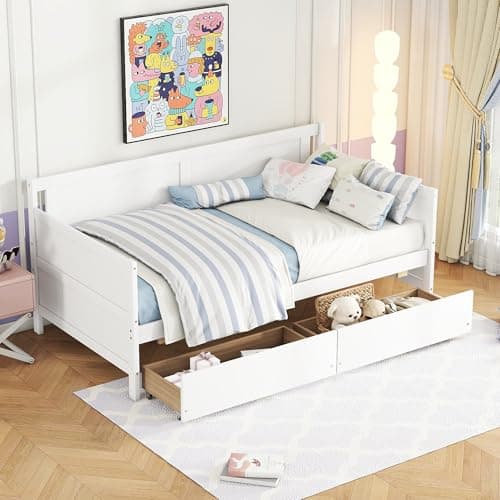 Twin Size Daybed Frame with Storage Drawers, White Wood Bed