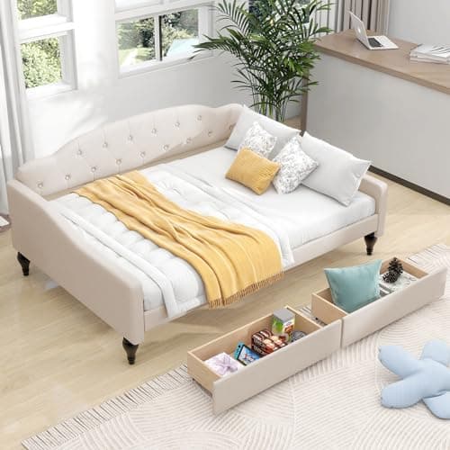 Beige Upholstered Daybed with Storage, Button Tufted Back & Nailhead Detail