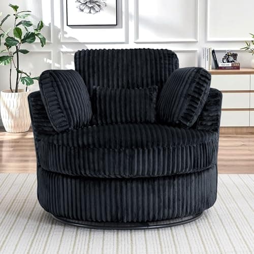 40" Modern Black Swivel Chair with 360° Metal Base & Plush Pillows, Thick Cushion, Living Room & Bedroom Accent (Black)