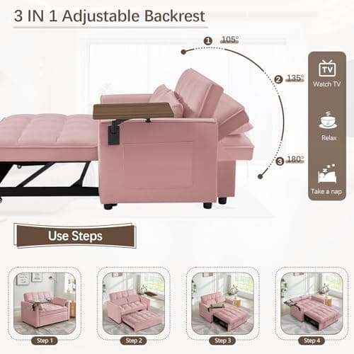 3 in 1 Velvet Sleeper Sofa Bed for Small Spaces (Pink)