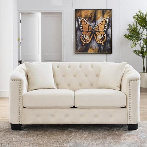JEEOHEY Velvet Chesterfield Sofa, Oversized Loveseat with Button Nailhead Beige