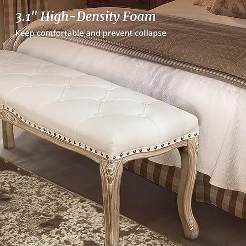 French Vintage Tufted Bench, Beige Distressed Wood Legs, Living Room, Foyer, Dining Room