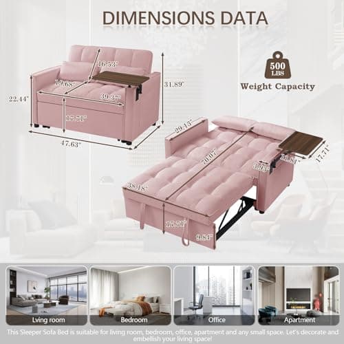 3 in 1 Velvet Sleeper Sofa Bed for Small Spaces (Pink)