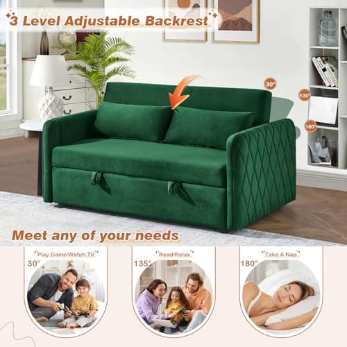 Convertible Sleeper Sofa Couch with Pull Out Bed, 55 Modern Velvet Sofa Bed with Adjustable Backrest & Side Pocket in Green