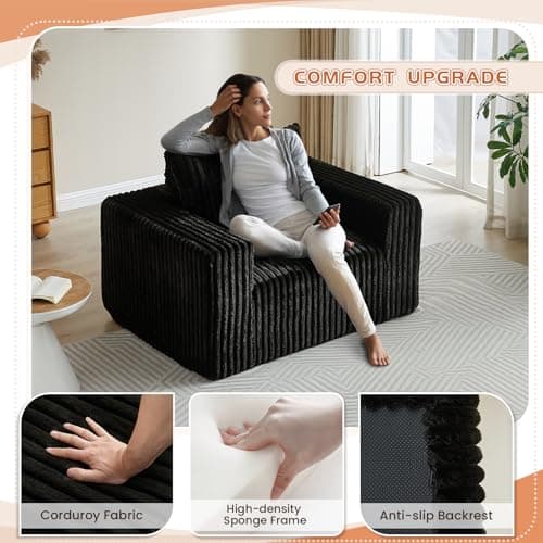 Oversized 48.5 Indoor Chaise Lounge Chair with Ottoman - Plush Corduroy Sofa for Living Room (Black)