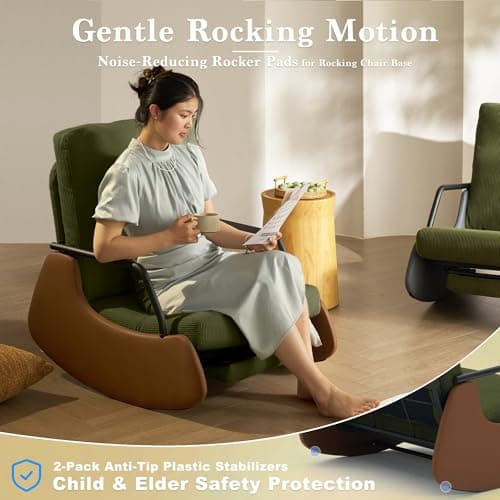 Green/Brown Corduroy Glider Rocking Chair with Adjustable Backrest & Footrest