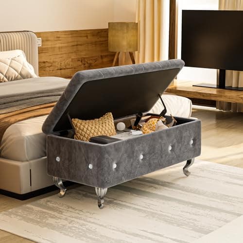 Velvet Upholstered Storage Bench with Safety Hinge