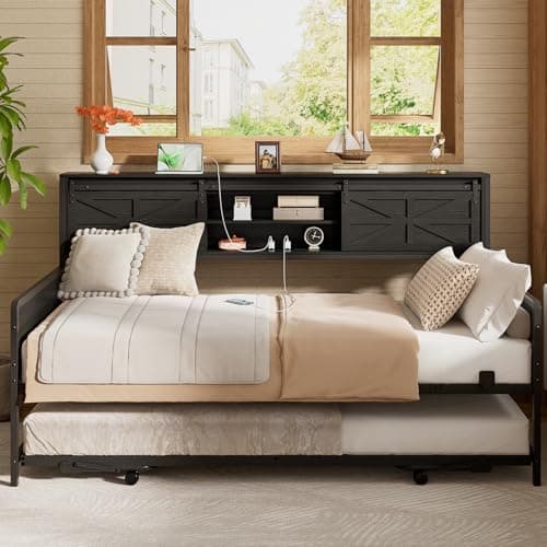 Homieasy Rustic Brown Farmhouse Twin Day Bed with Bookcase & Charging Station