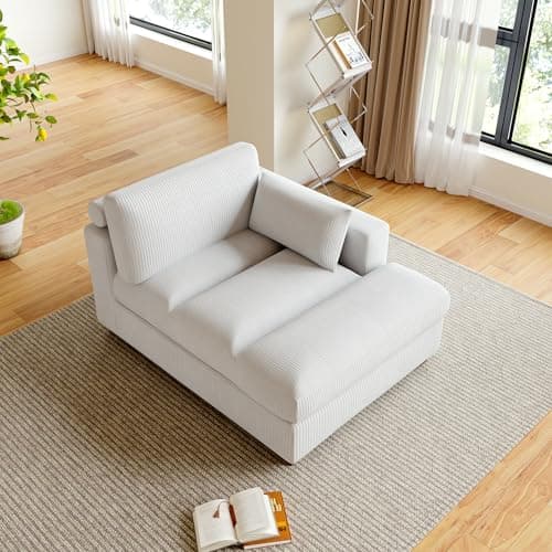 Oversized Beige Corduroy Chaise Lounge for Bedroom & Living Room (Left Arm)