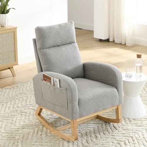 Modern Nursery Rocking Chair with Side Pockets & Solid Wood Legs (Fabric-Beige)