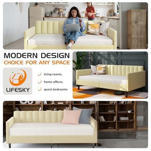 LifeSky Twin Velvet Tufted Daybed - Beige Upholstered Frame for Living Room