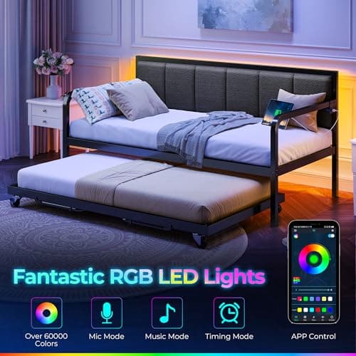 Rolanstar Adjustable Height LED Daybed with USB, Grey Upholstery for Living Room