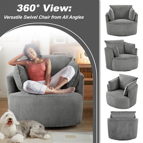 360° Swivel Gray Corduroy Accent Chair with Detachable Cushions