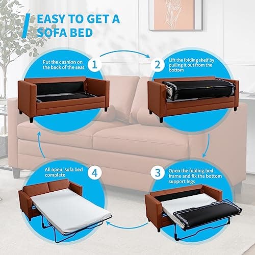 Convertible Queen Size Sleeper Sofa with Anti-Scratch Leather - Cognac