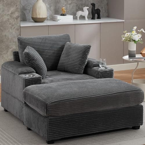 Oversized Beige Corduroy Chaise Lounge with Storage & Ottoman, Reclining Sofa Bed